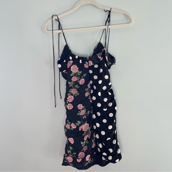 For Love And Lemons Mochi Shirred Mini Dress Black Floral Polka Print NWT XS - Picture 8 of 15